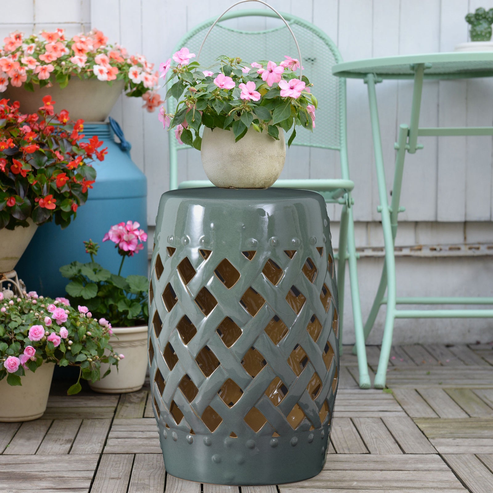 Outsunny 13" x 18" Ceramic Garden Stool with Woven Lattice Design