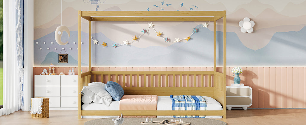 Full Size Canopy Bed Frame with Guardrails for Kids