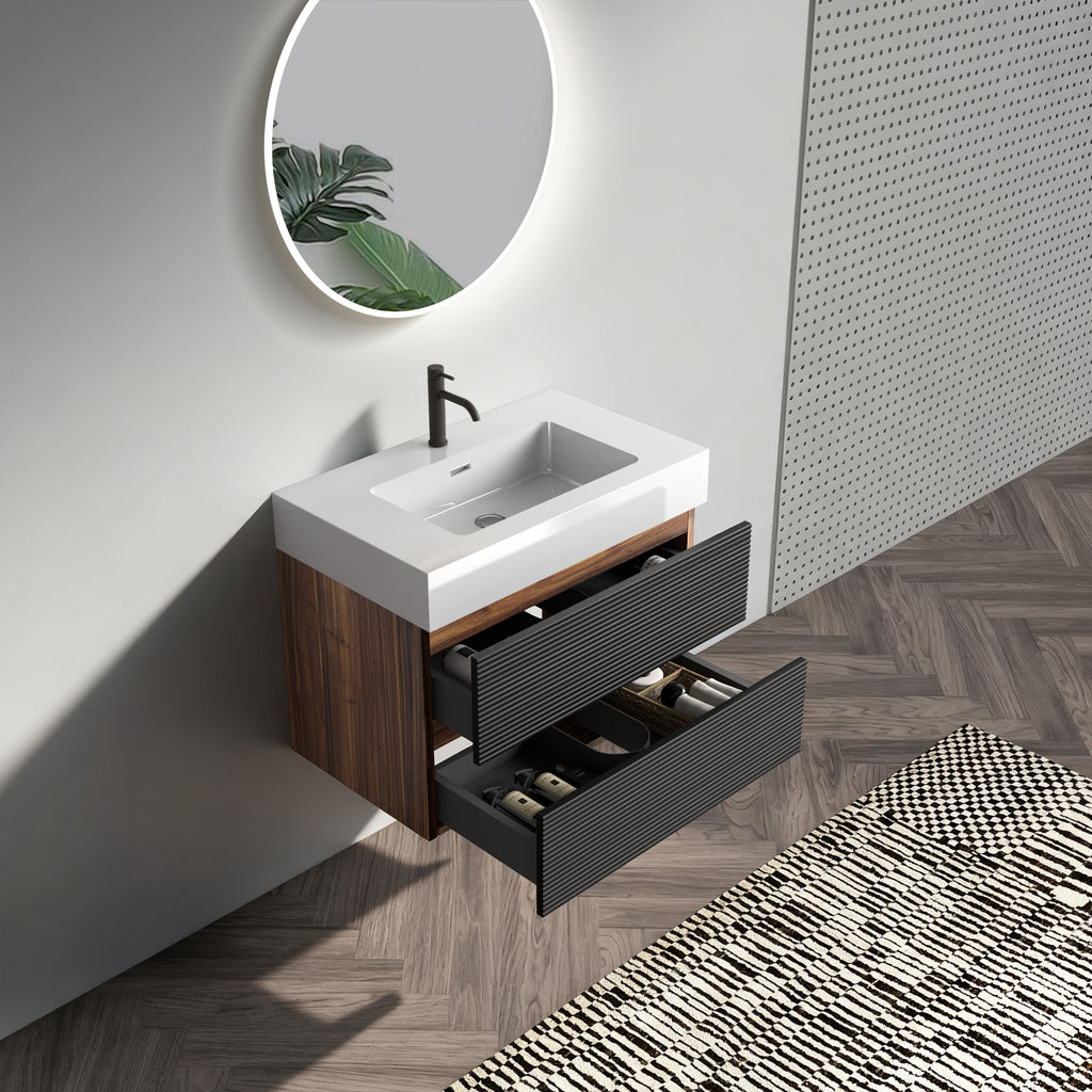 Grace 30-Inch Wall-Mount Bathroom Vanity, Glossy White Solid Surface Sink, Black Drawers