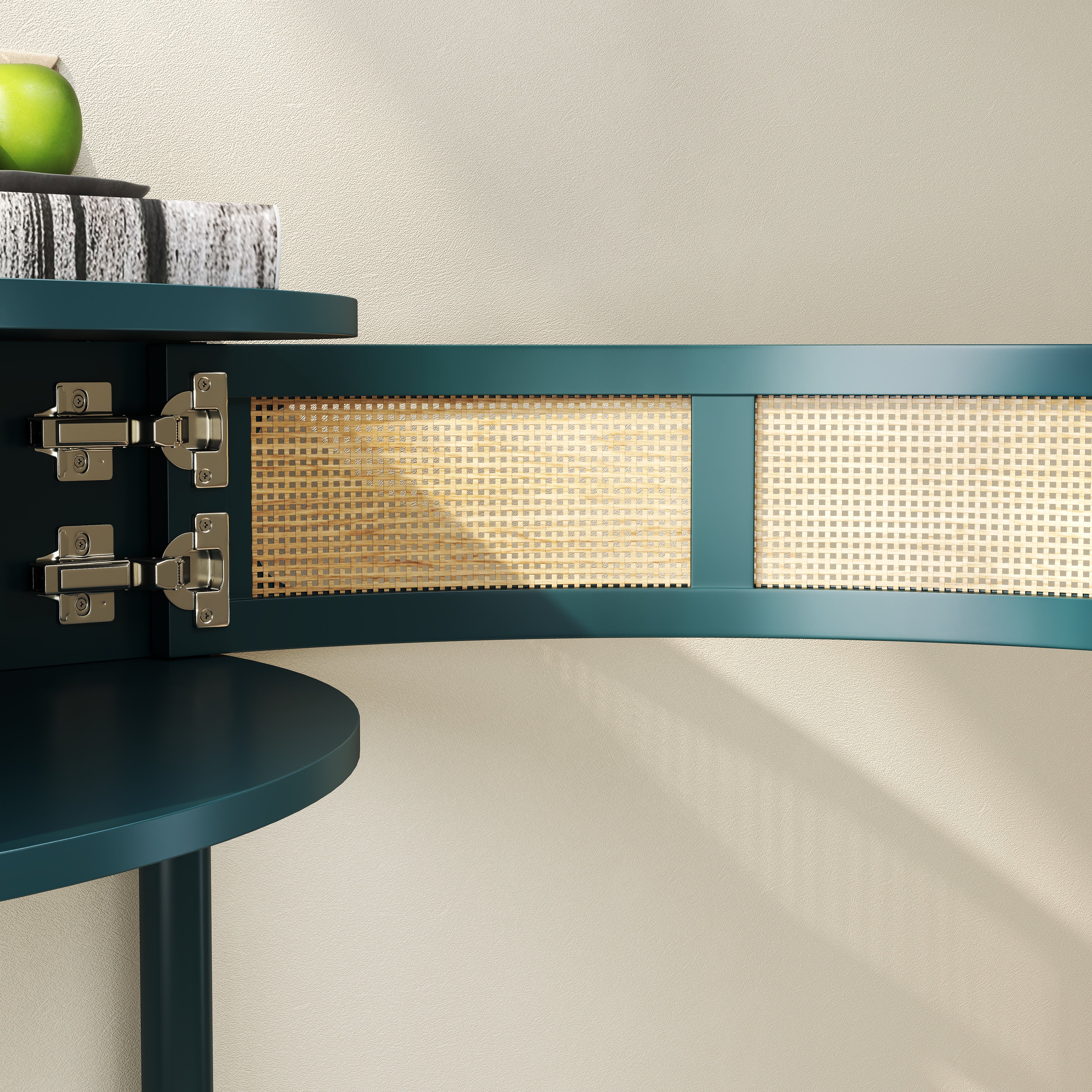 Unique Half Moon Design End Table with Sliding Rattan Door