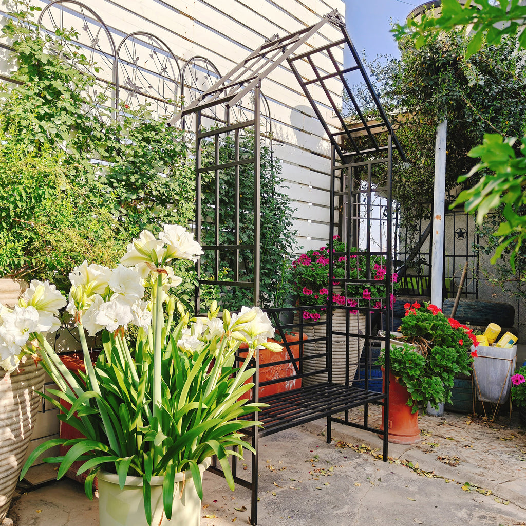 Metal Garden Arch with Bench Turned into Flower Stand
