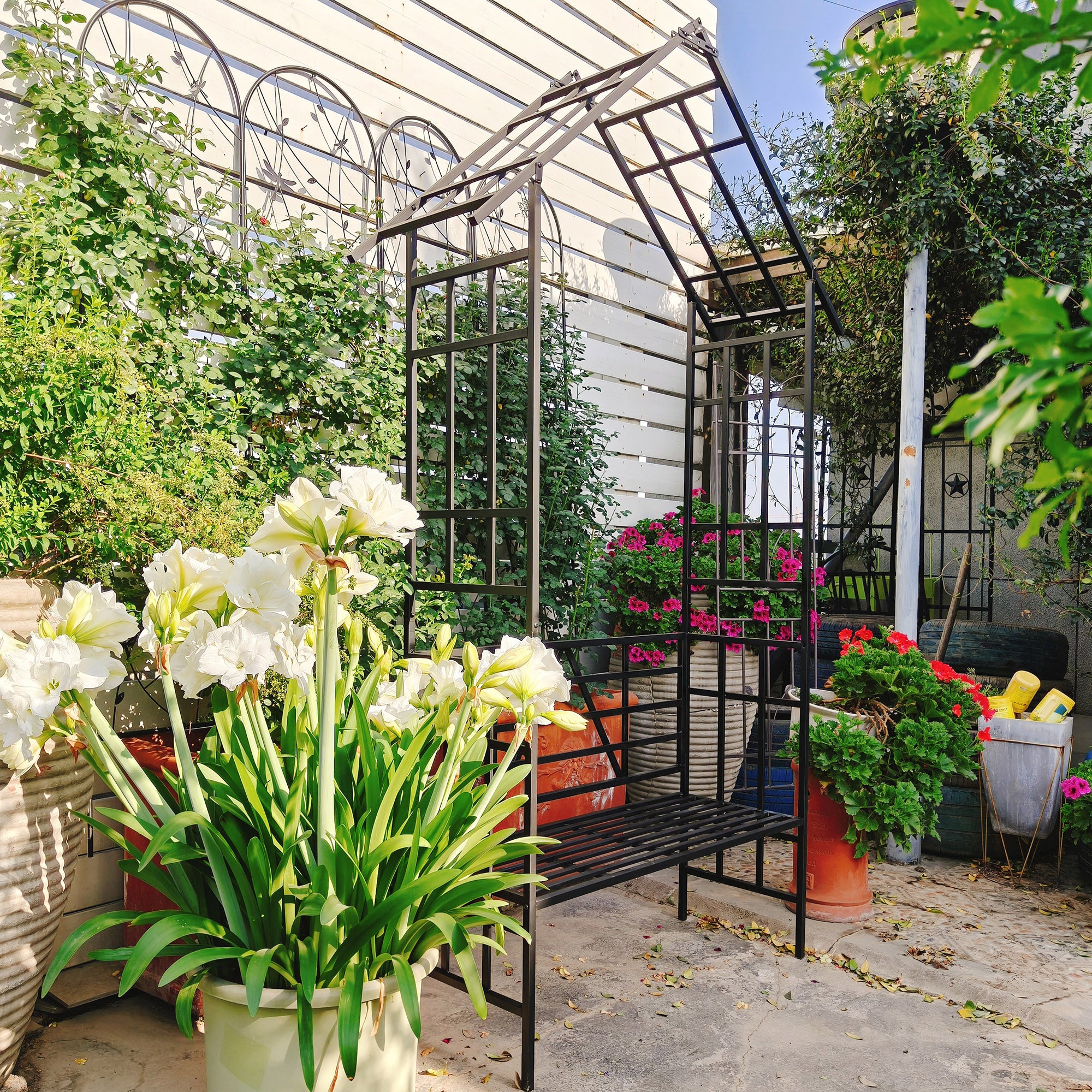 Metal Garden Arch with Bench Turned into Flower Stand