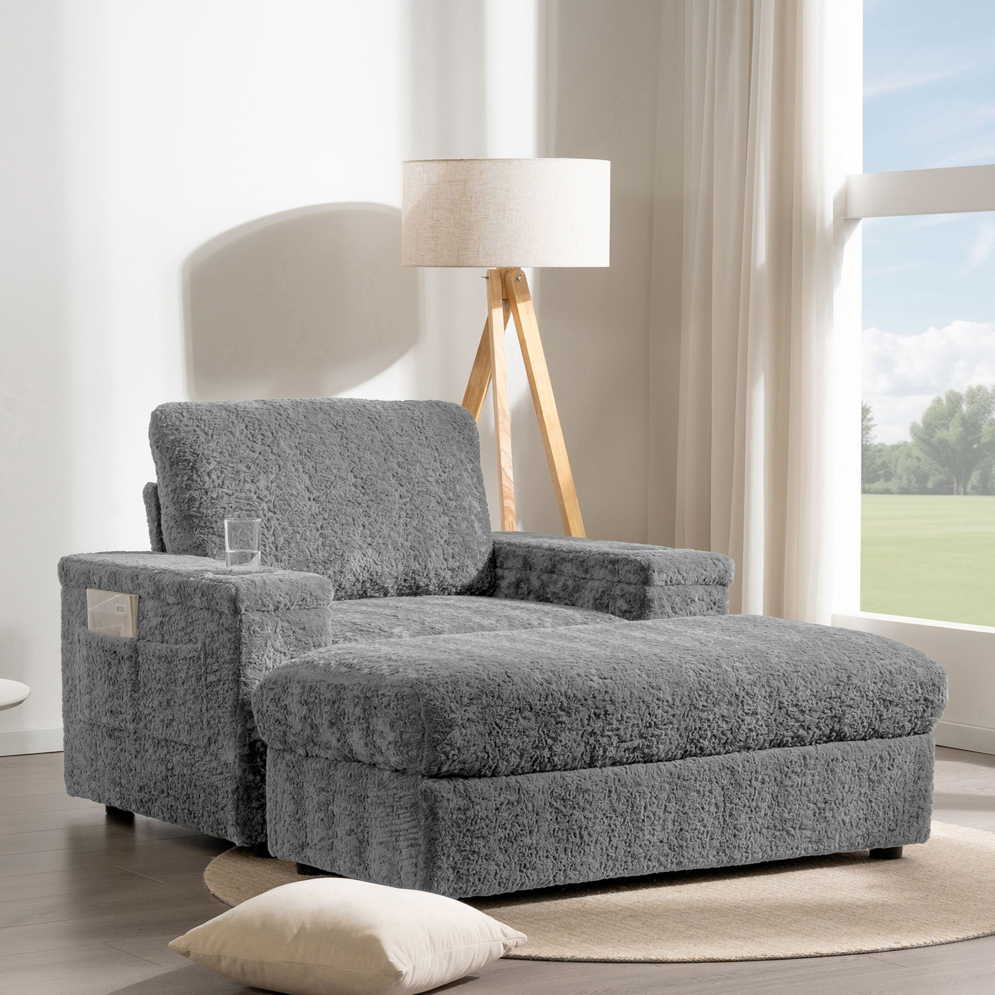 Oversized Chaise Lounge Indoor Rabbit Fur Sofa Bed With Storage Ottoman And Armrests Cup Holders With Deep Seat