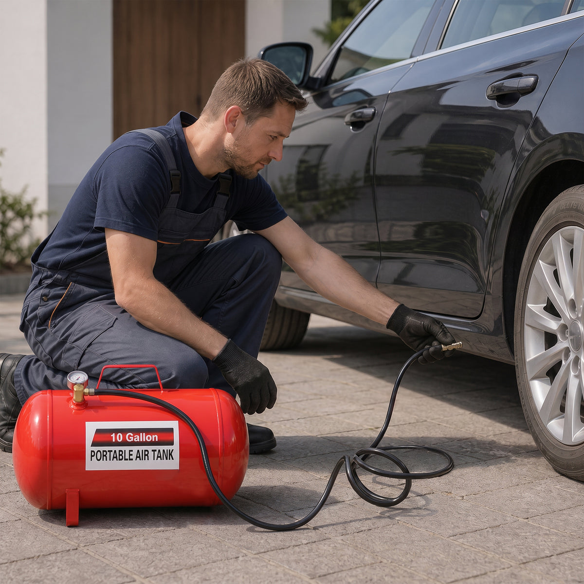 Portable 10 Gallon Air Tank, Lightweight Durable Air Compressor Tank with Pressure Gauge, Safety Valve and 43 Inch Hose for Easy Tool Connection
