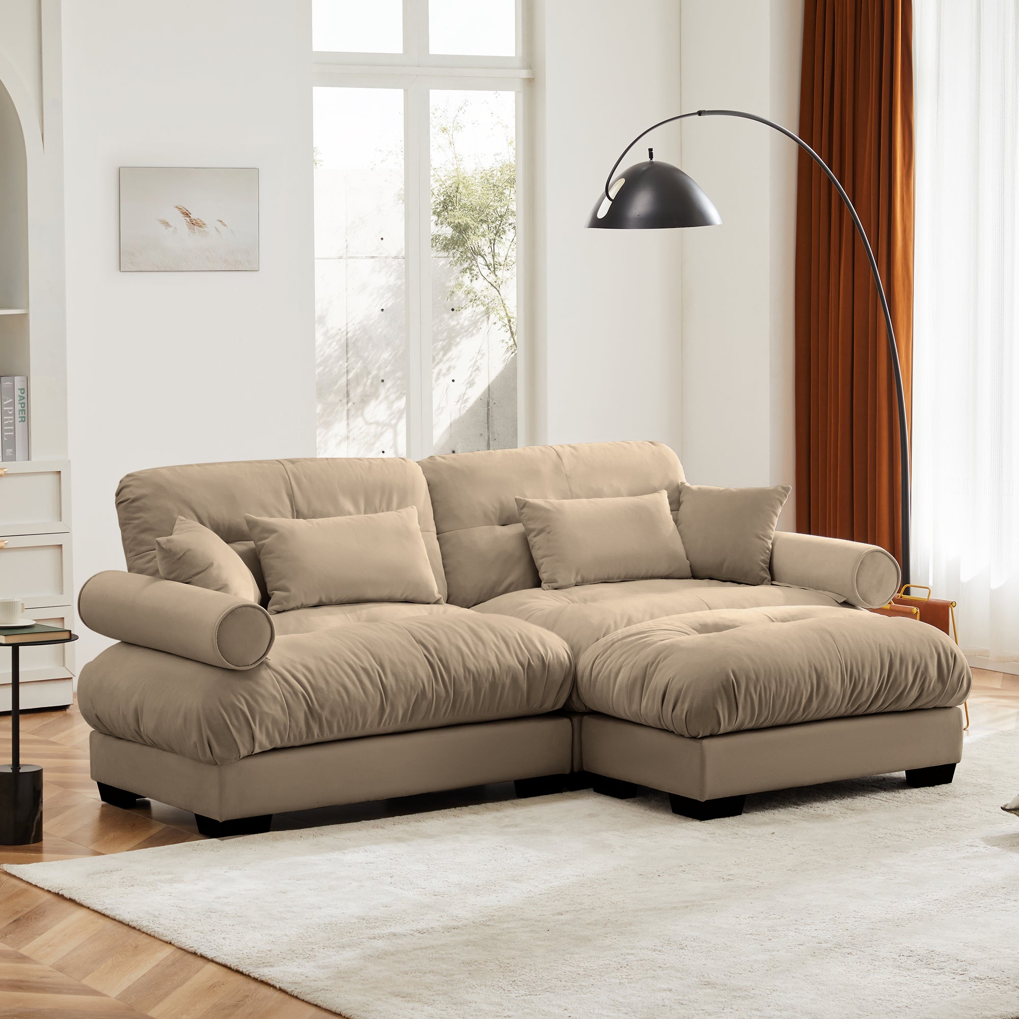 Over Size Modern Two-Seater Sofa with Ottoman, Velvet 2-Seater