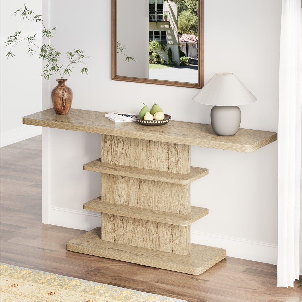 Vintage Narrow Console Table with 2 Tier Open Storage Shelves, 63-Inch, Natural