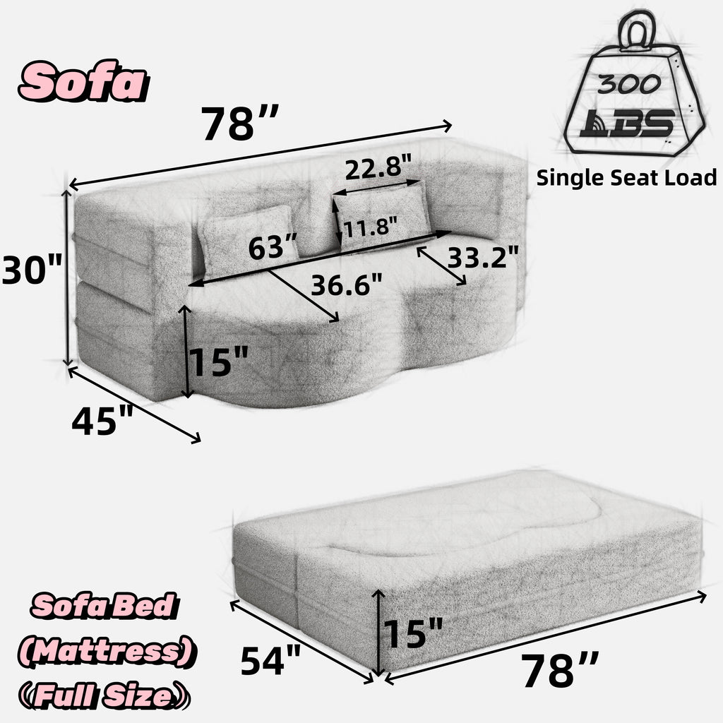 Modern Floor Sofa with 2 Pillows - Convertible Plush Couch