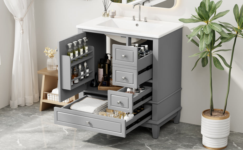 30" Bathroom Vanity with Sink, One Door with Shelf and Three Drawers