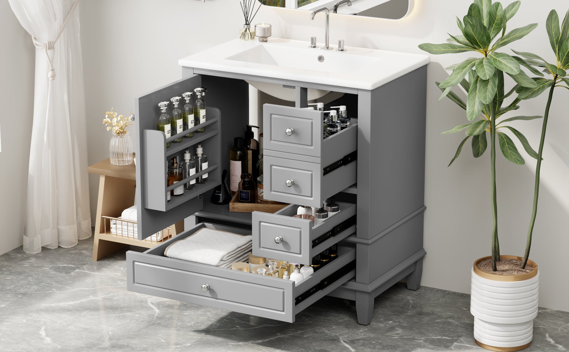 30" Bathroom Vanity with Sink, One Door with Shelf and Three Drawers