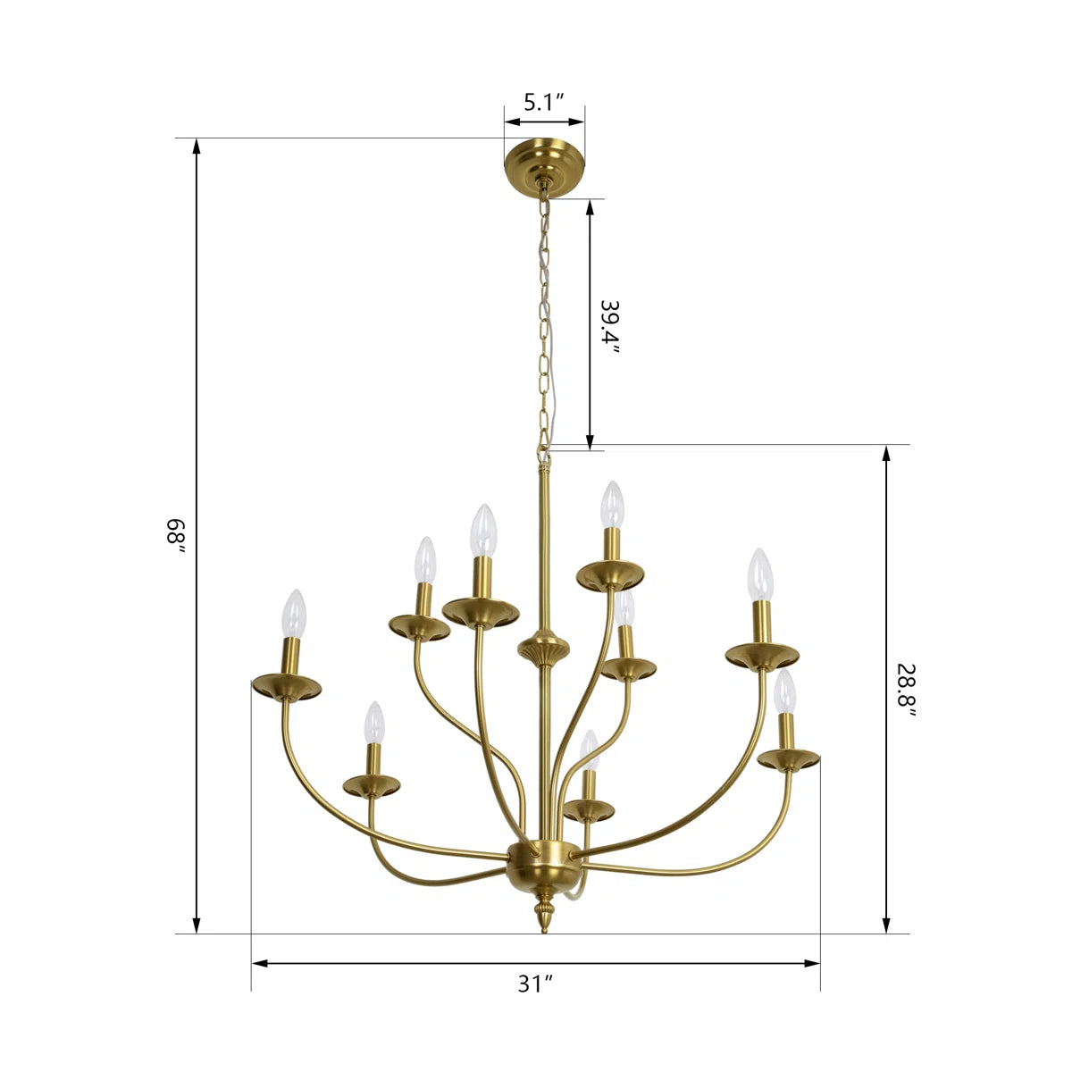 9-Light Dimmable Metal Two-Tier Candle Style Chandelier, Gold, 31-Inch