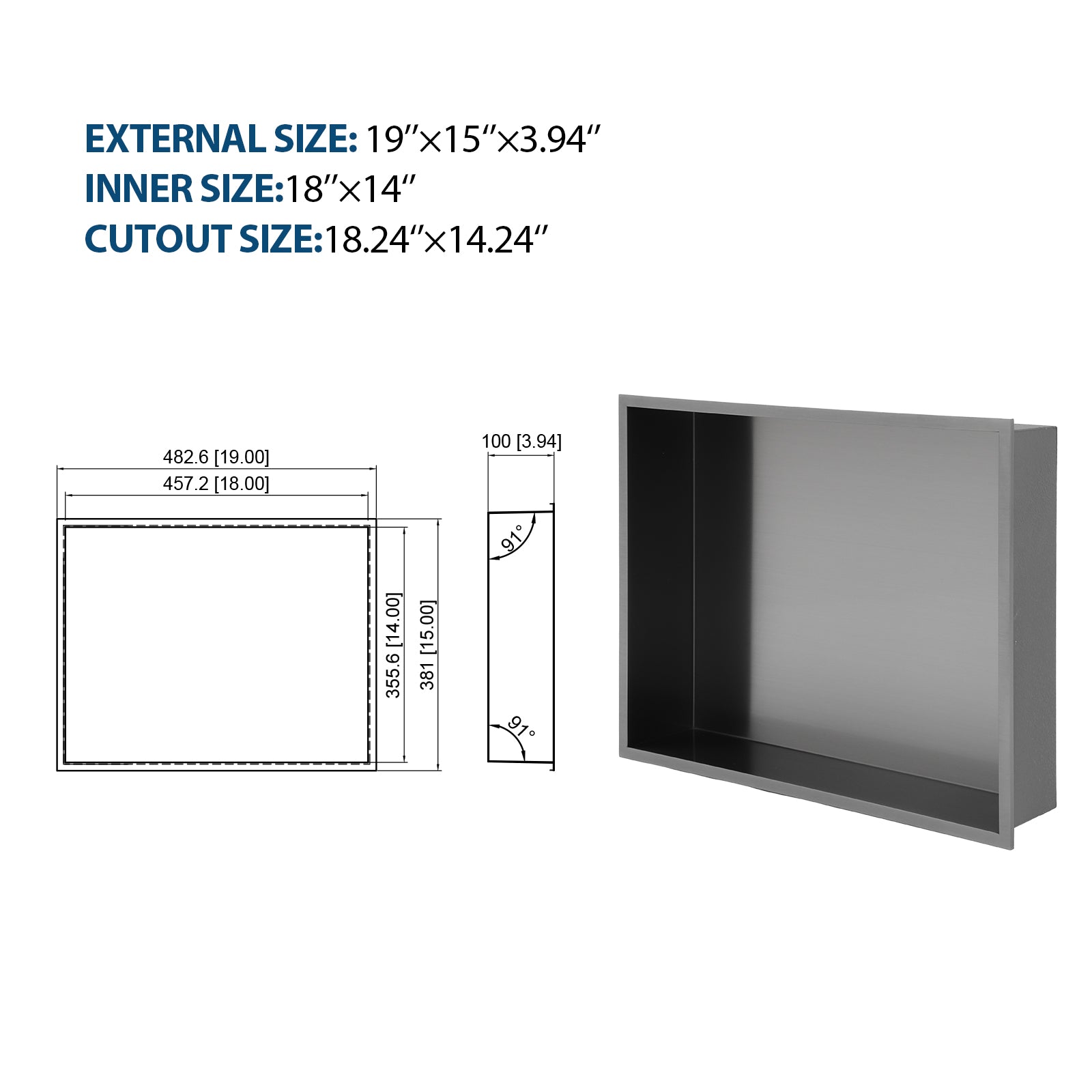 19" x 15" Stainless Steel Shower Niche in Gunmetal
