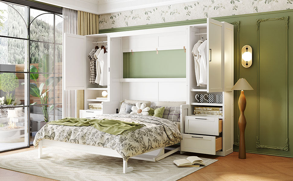 Queen Size Murphy Bed with Closet, Drawers and Shelves