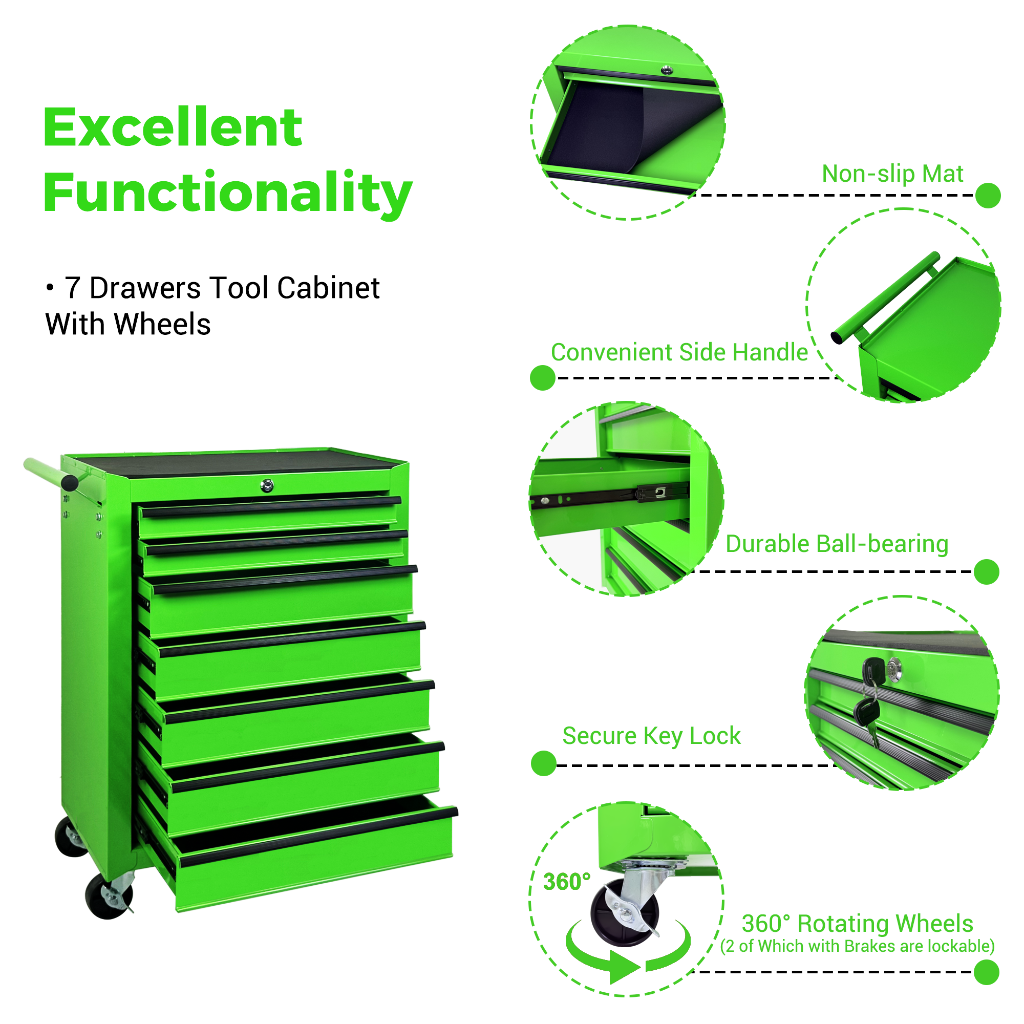 Rolling Metal Tool Chest with 7 Drawers - Green