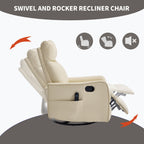 Beige Heat Massage Manual Recliner Chair with Rocker and Swivel in Faux Leather