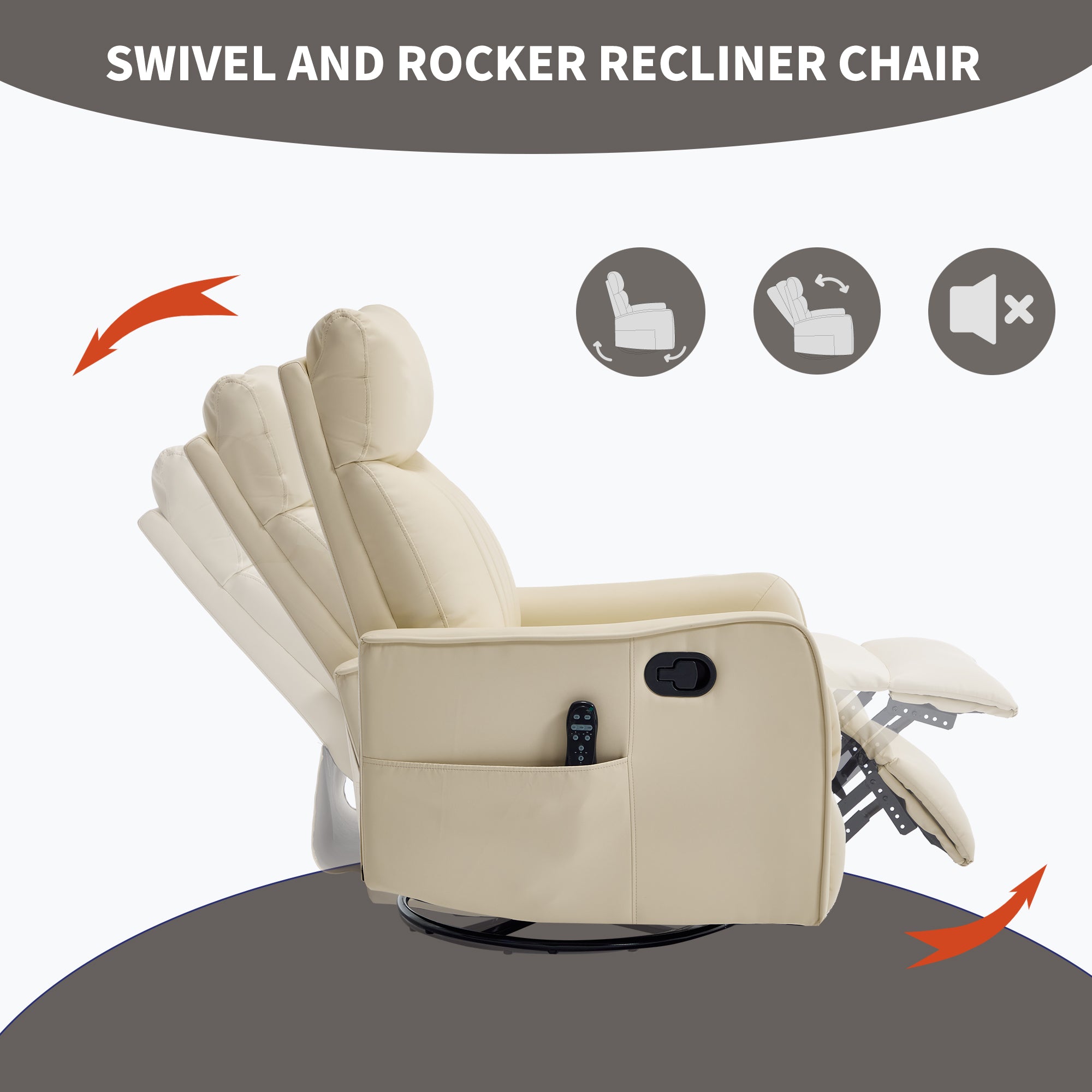Beige Heat Massage Manual Recliner Chair with Rocker and Swivel in Faux Leather