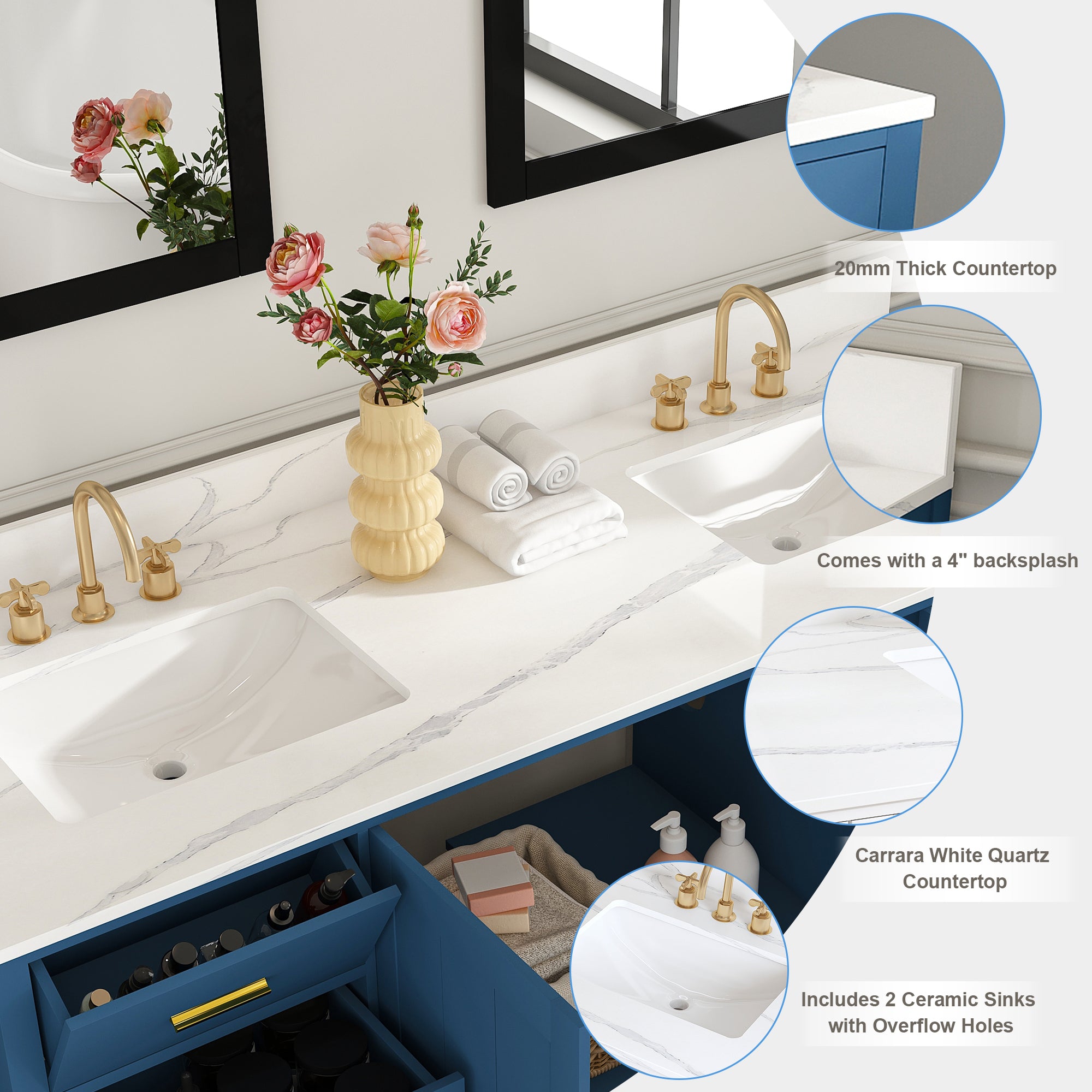 60" Solid Wood Bathroom Vanity with 2 Sinks