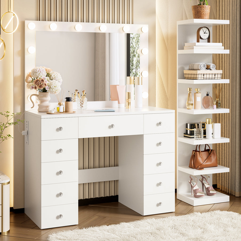 Makeup Vanity Desk with 11 Hollywood Bulbs and 7-Tier Storage Shelves