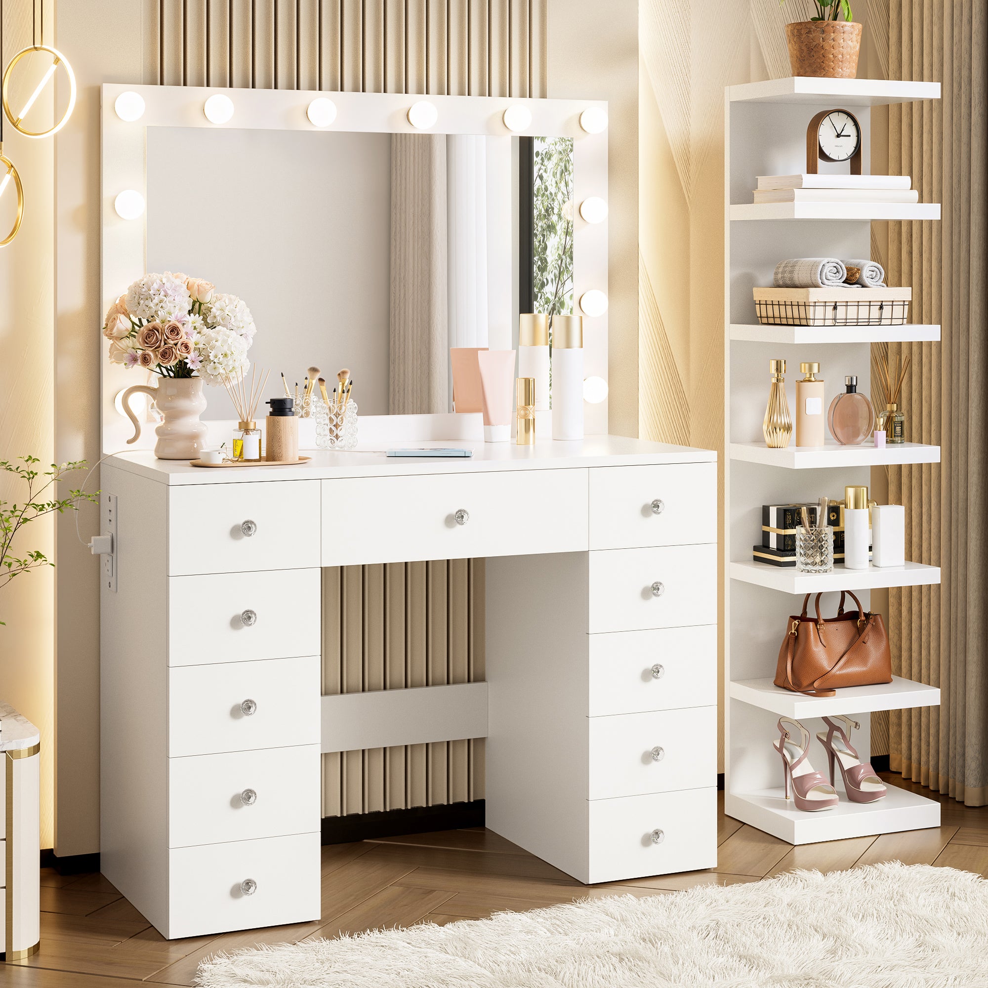 Makeup Vanity Desk with 11 Hollywood Bulbs and 7-Tier Storage Shelves