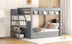 Wood Full Size Convertible Bunk Bed with Storage Staircase and Drawers