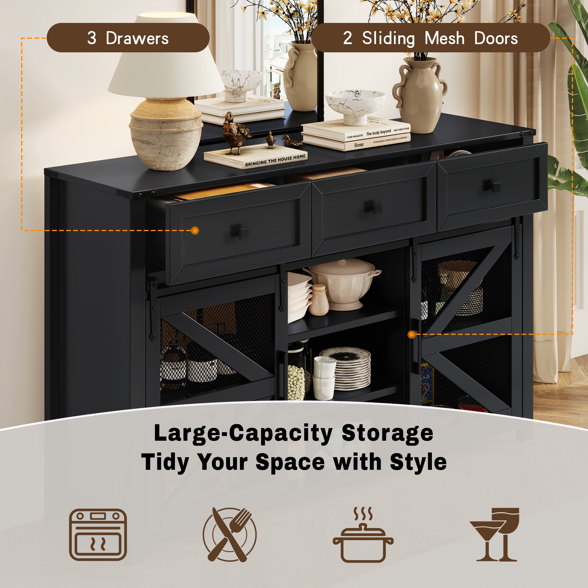 U_Style 55'' Sliding Barn Door Sideboard Buffet Cabinet