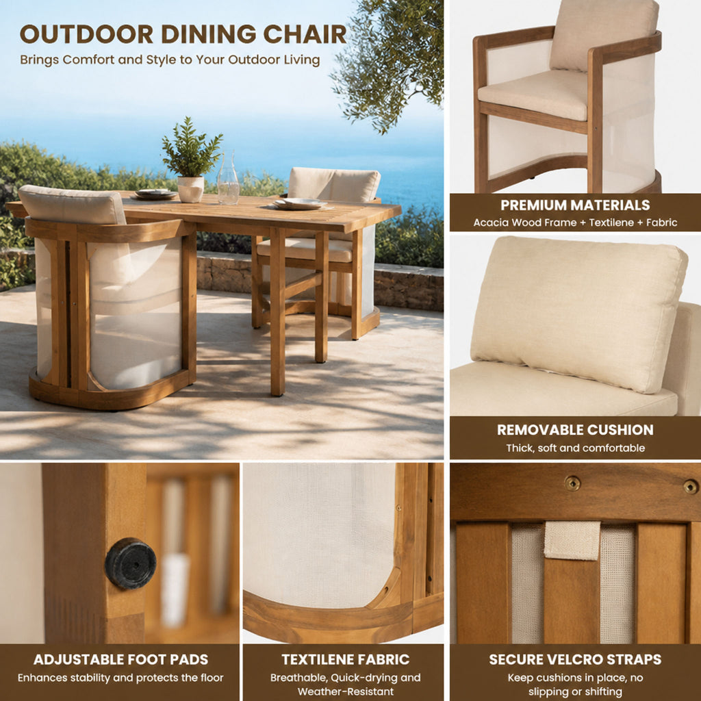 Set of 2 Outdoor Patio Dining Armchairs, Acacia Wood Frame with Textilene Side Panels, Patio Chairs with