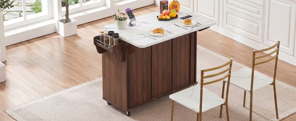 K&K 53.6" Kitchen Island with Drop Leaf, Rolling Cart on Wheels, Walnut Brown
