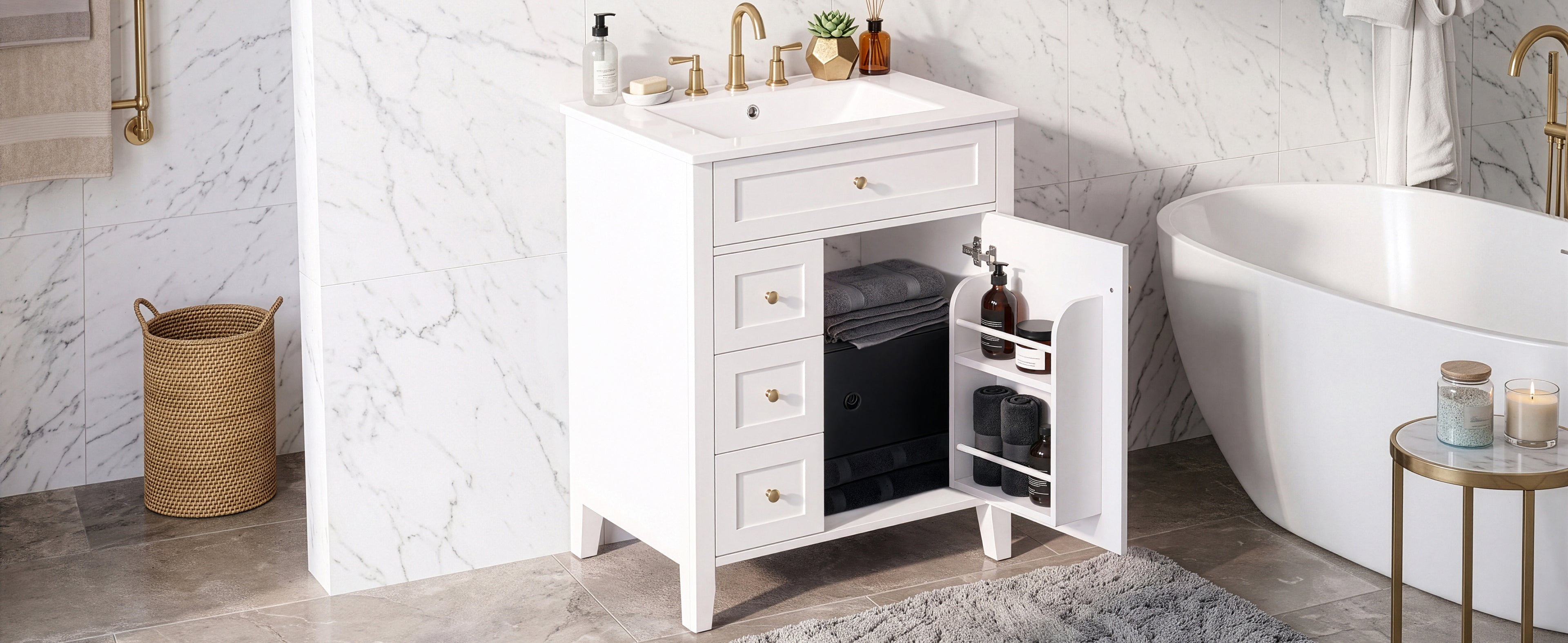 24" Modern Bathroom Vanity with Ceramic Sink and Storage Rack