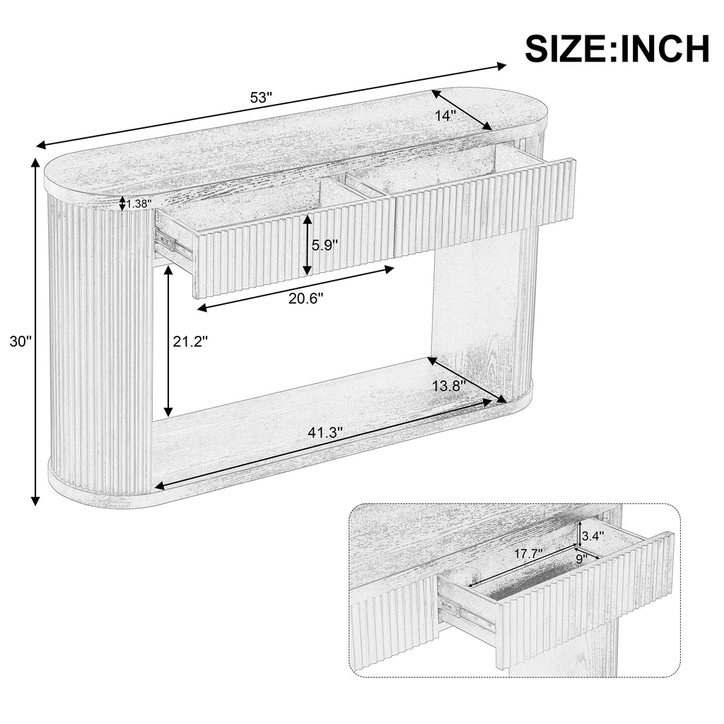 TREXM Oval Fluted Console Table with 2 Drawers and Bottom Shelf