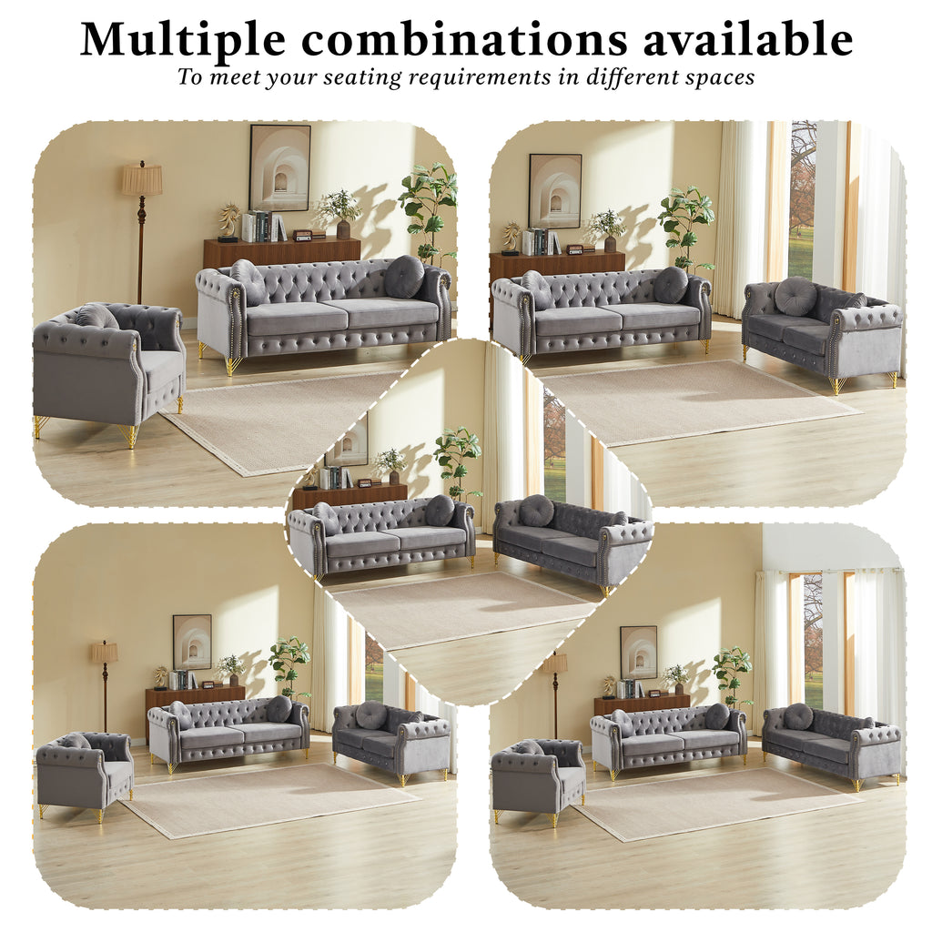 82-Inch Velvet Chesterfield Sofa with Two Round Pillows