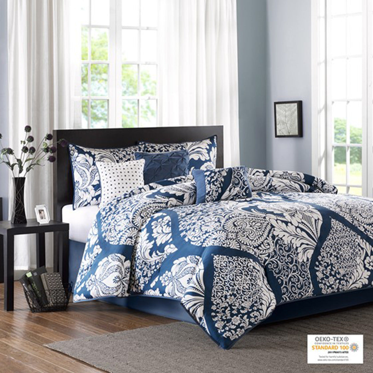 7 Piece Cotton Printed Comforter Set Indigo King