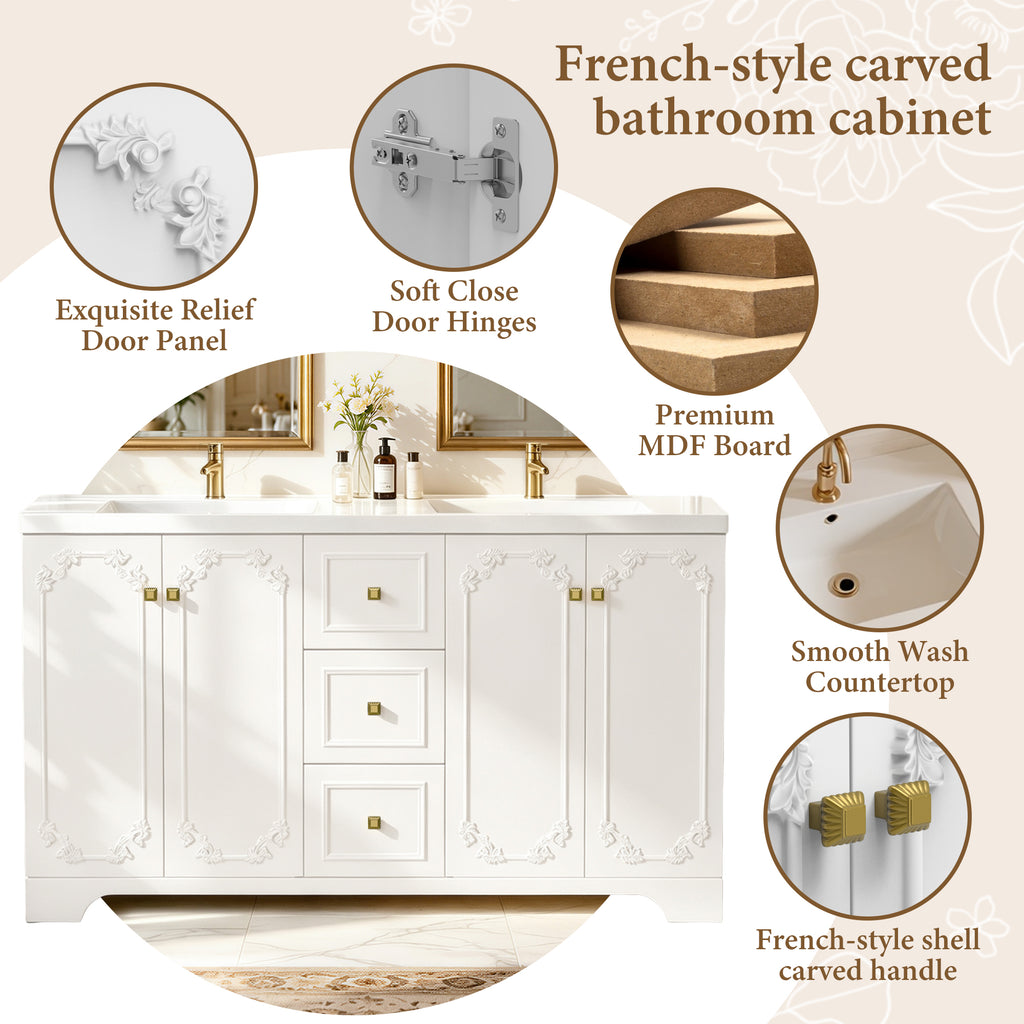60" White French-Style Bathroom Vanity Cabinet