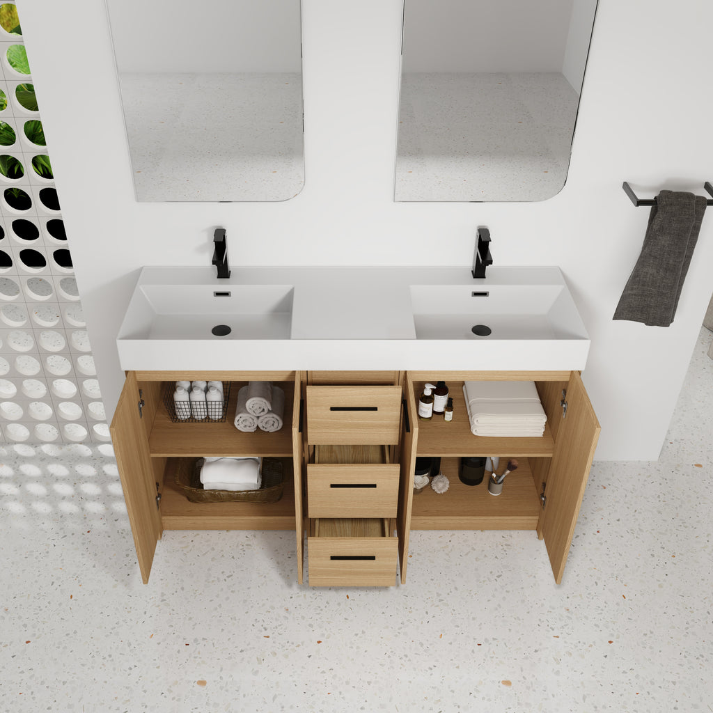 60" Double Sink Bathroom Vanity with 3 Drawers and Integrated Resin Sink