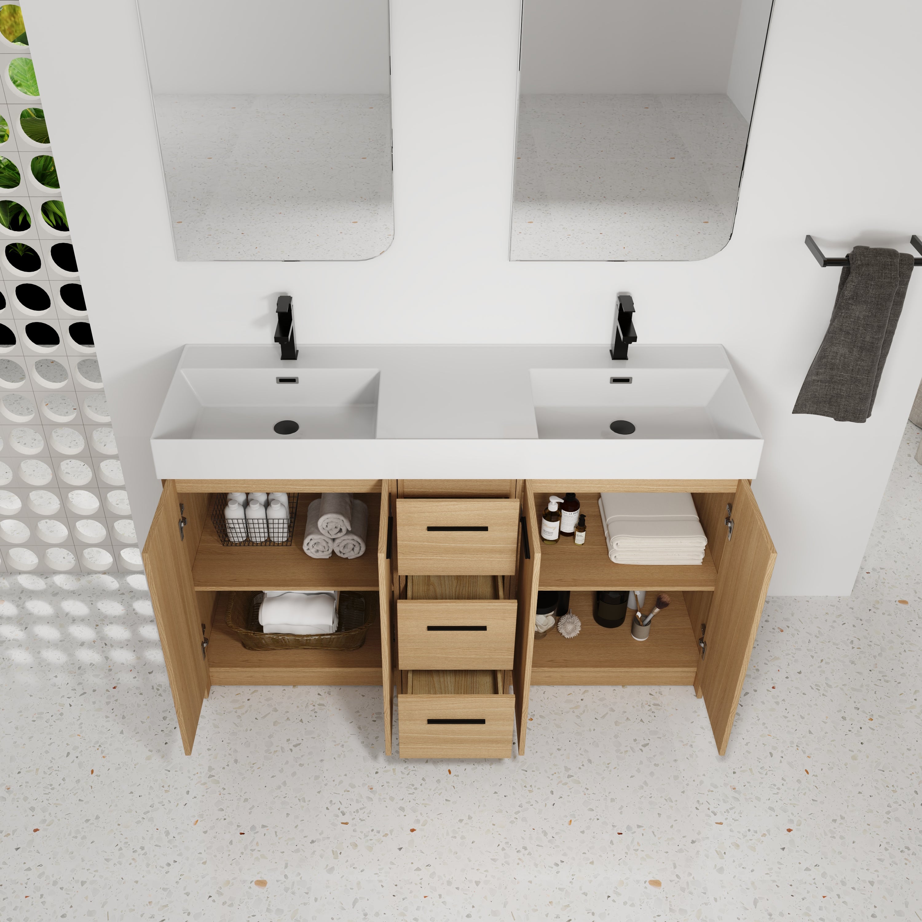 60" Double Sink Bathroom Vanity with 3 Drawers and Integrated Resin Sink