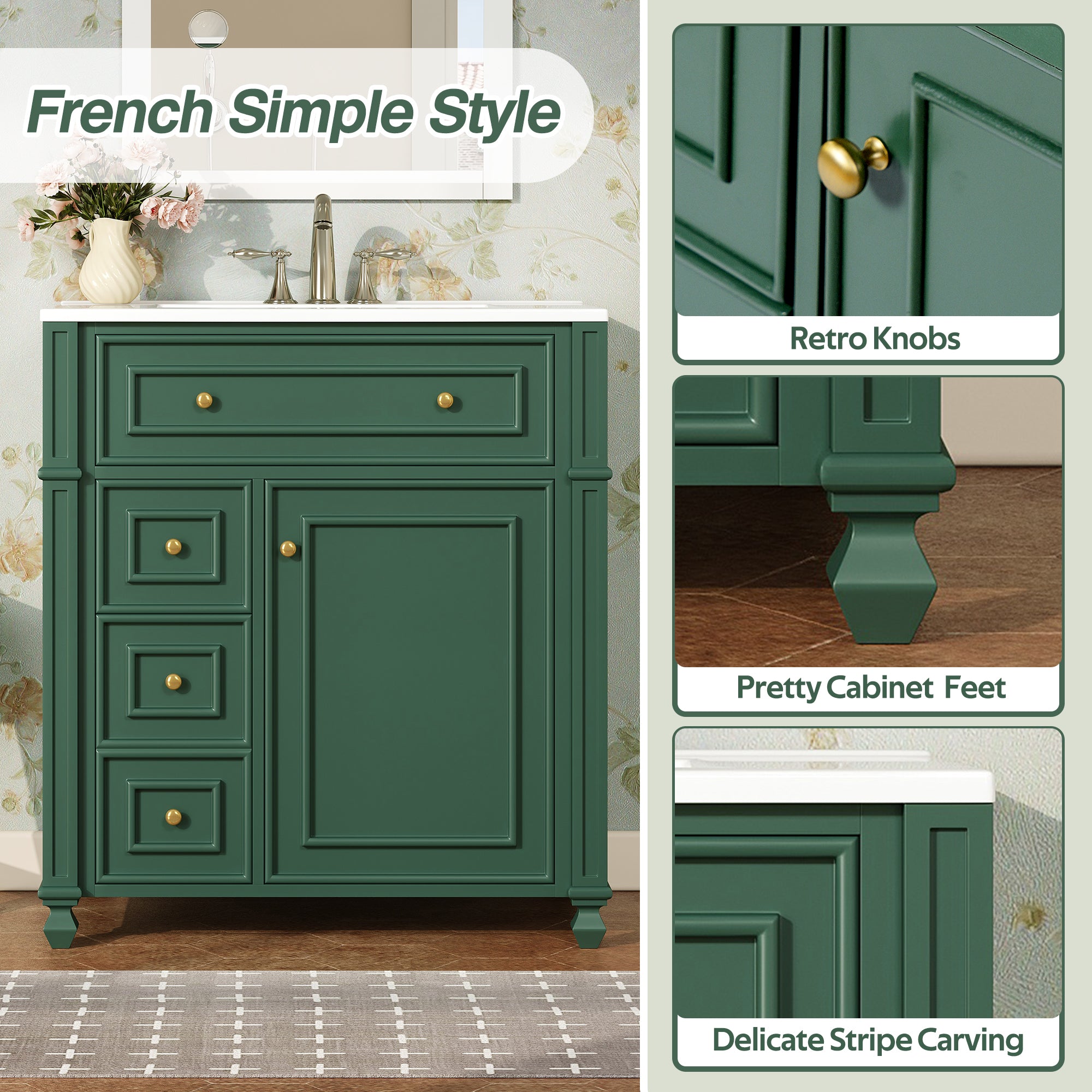 Bathroom Vanity Cabinet with Ceramic Sink Basin - 30 Inch