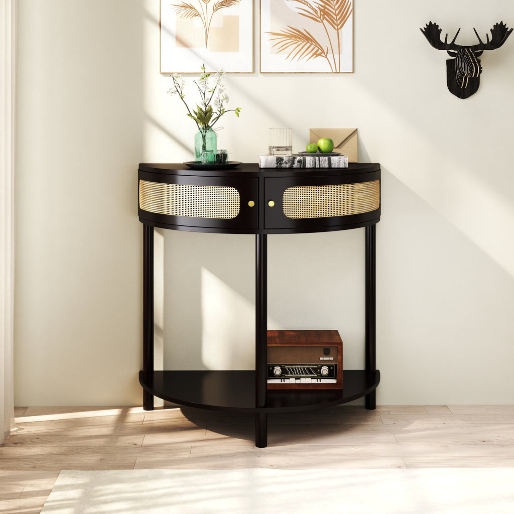 Unique Half Moon Design End Table with Sliding Rattan Door
