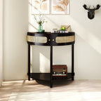 Unique Half Moon Design End Table with Sliding Rattan Door