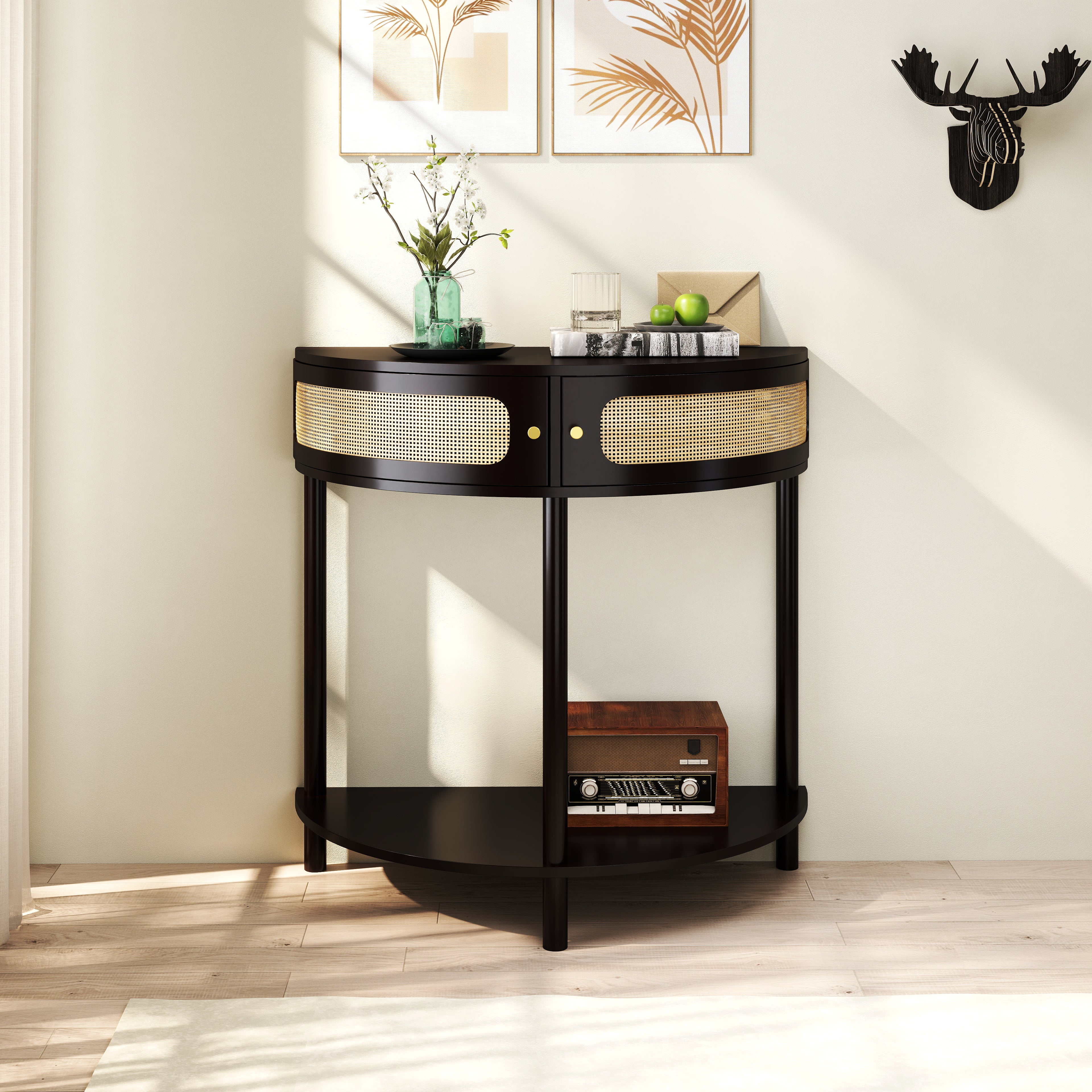 Unique Half Moon Design End Table with Sliding Rattan Door