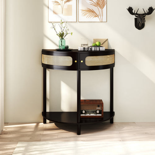 Unique Half Moon Design End Table with Sliding Rattan Door