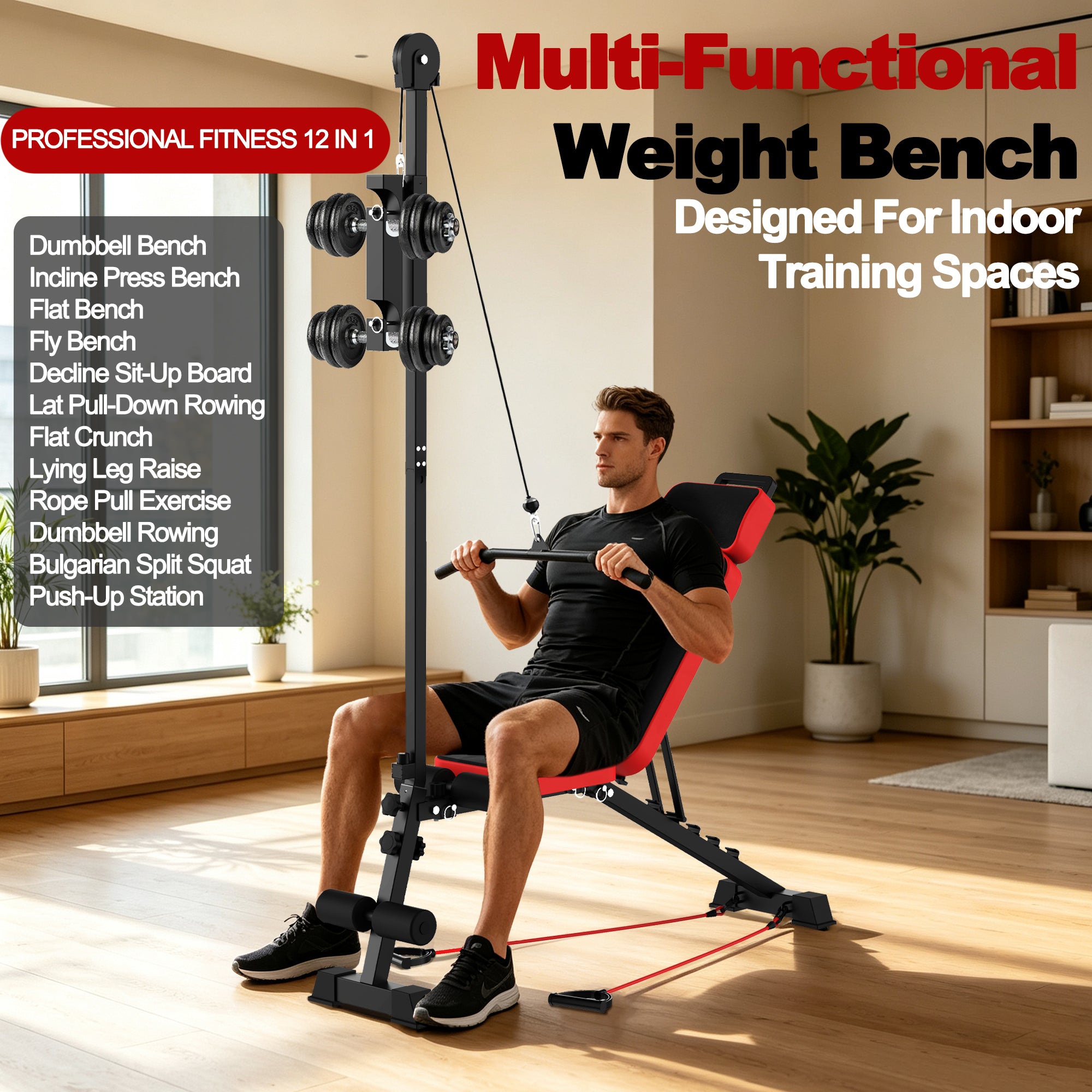 Multi-Functional Weight Bench With Pulley System and Adjustable Backrest