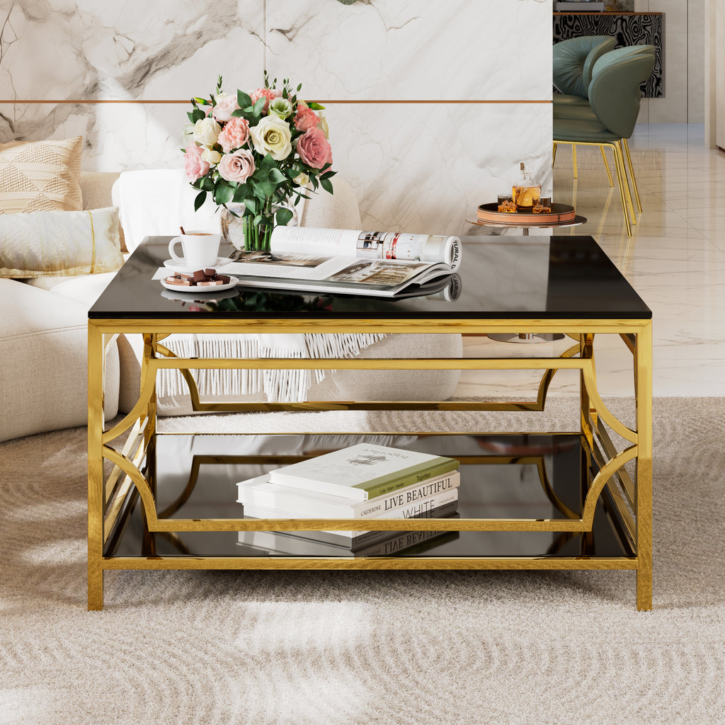 Square Glass Coffee Table in 33.5" with Luxurious Geometric Metal Frame