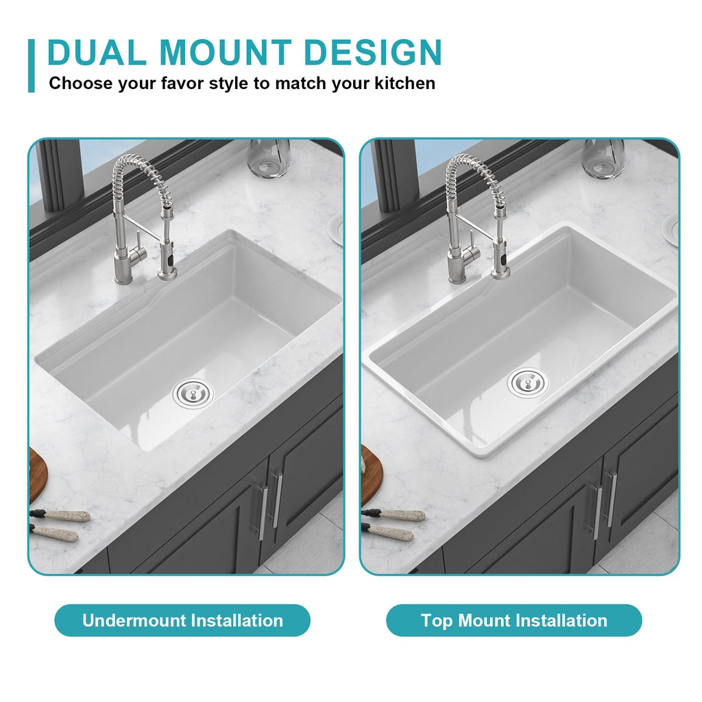 32"x19"x10" Undermount Workstation Single Bowl Porcelain Fireclay Kitchen Sink