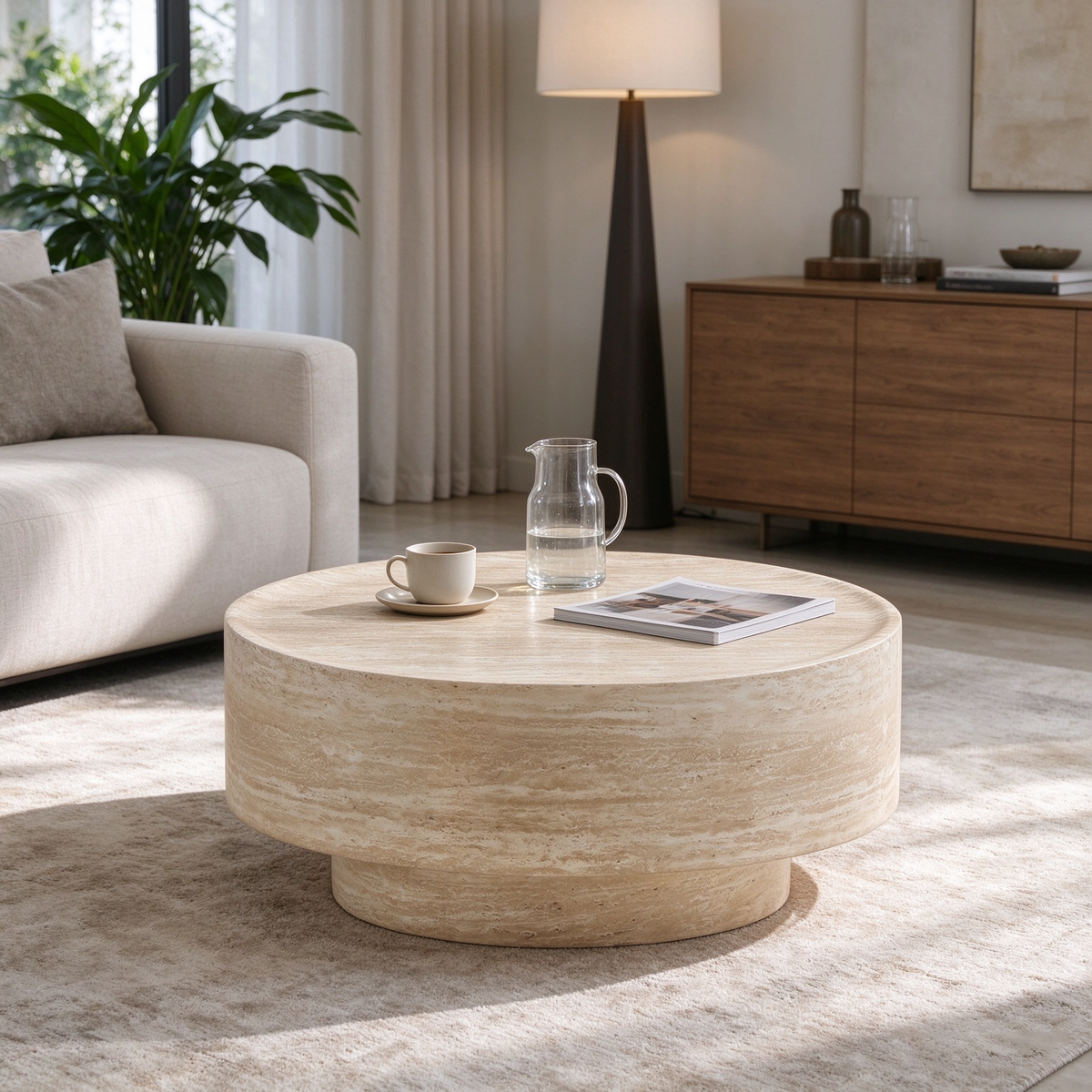 Round Travertine-Look Coffee Table, 31.5-Inch, Beige Yellow Fiberglass