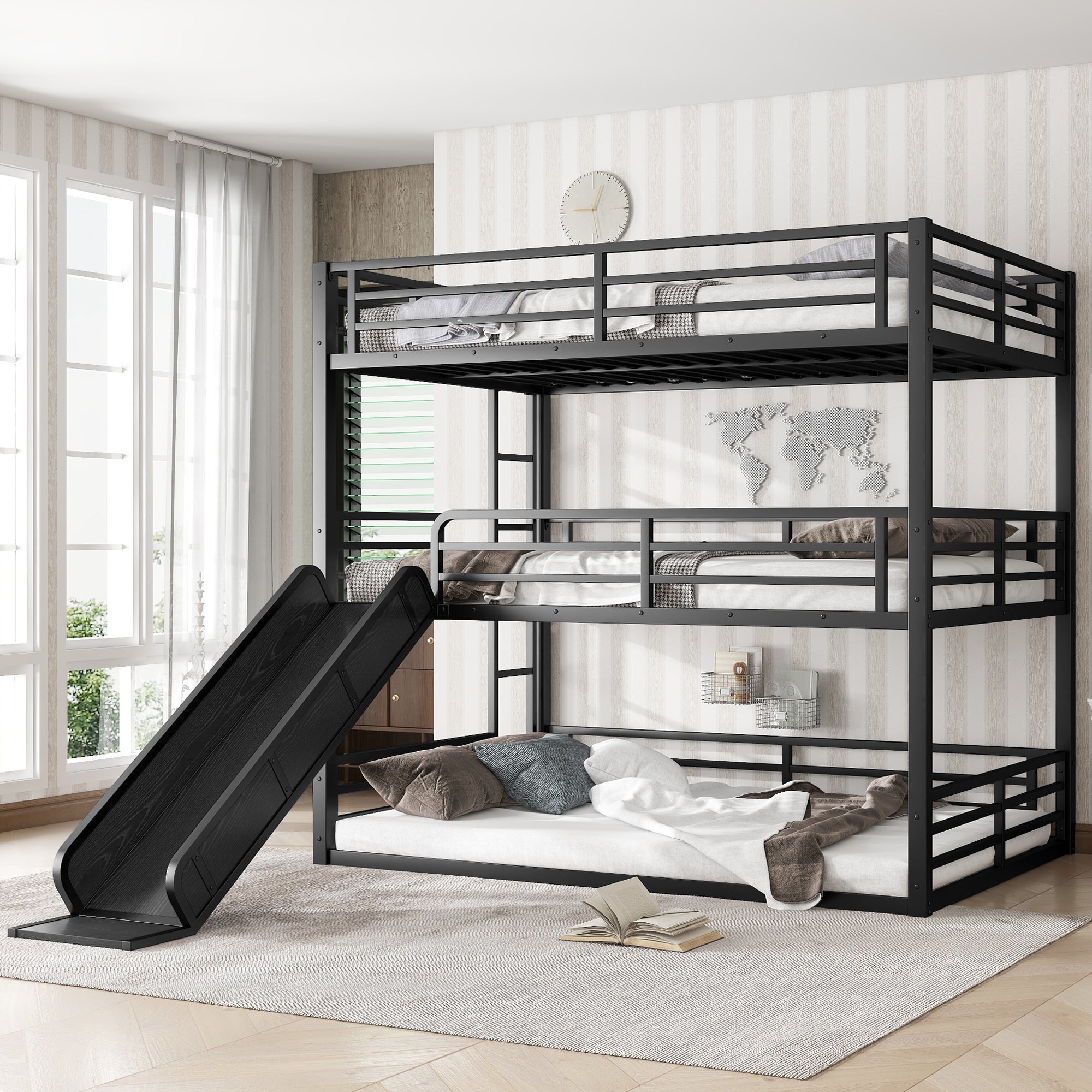 Full Over Full Over Full Bunk Bed with Slide
