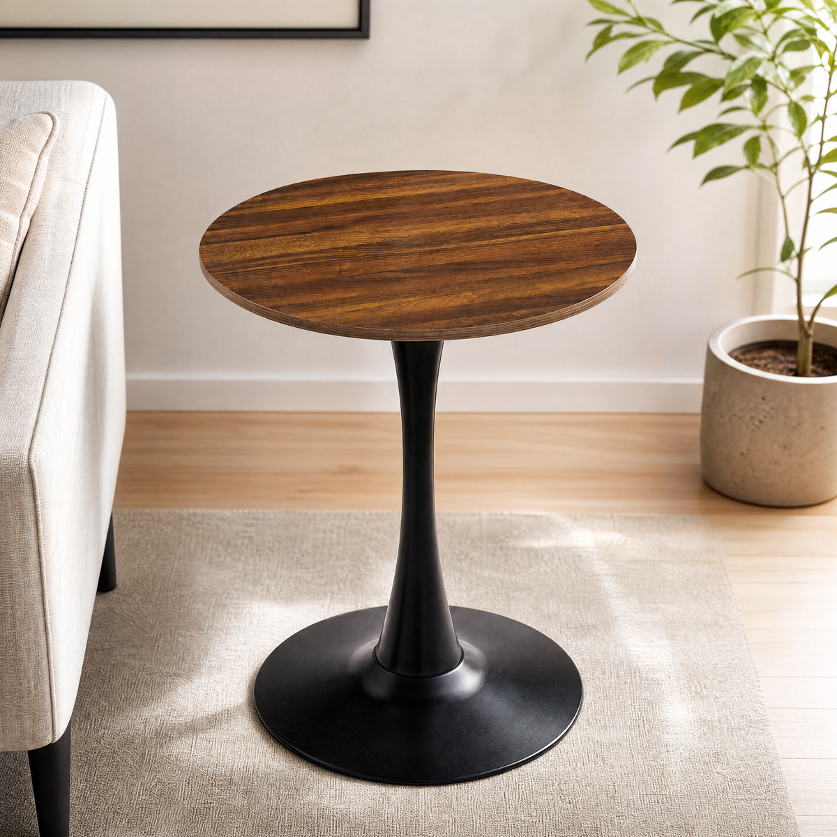 Dark Wood Grain Round Dining Table, 24-Inch, MDF and Metal Base