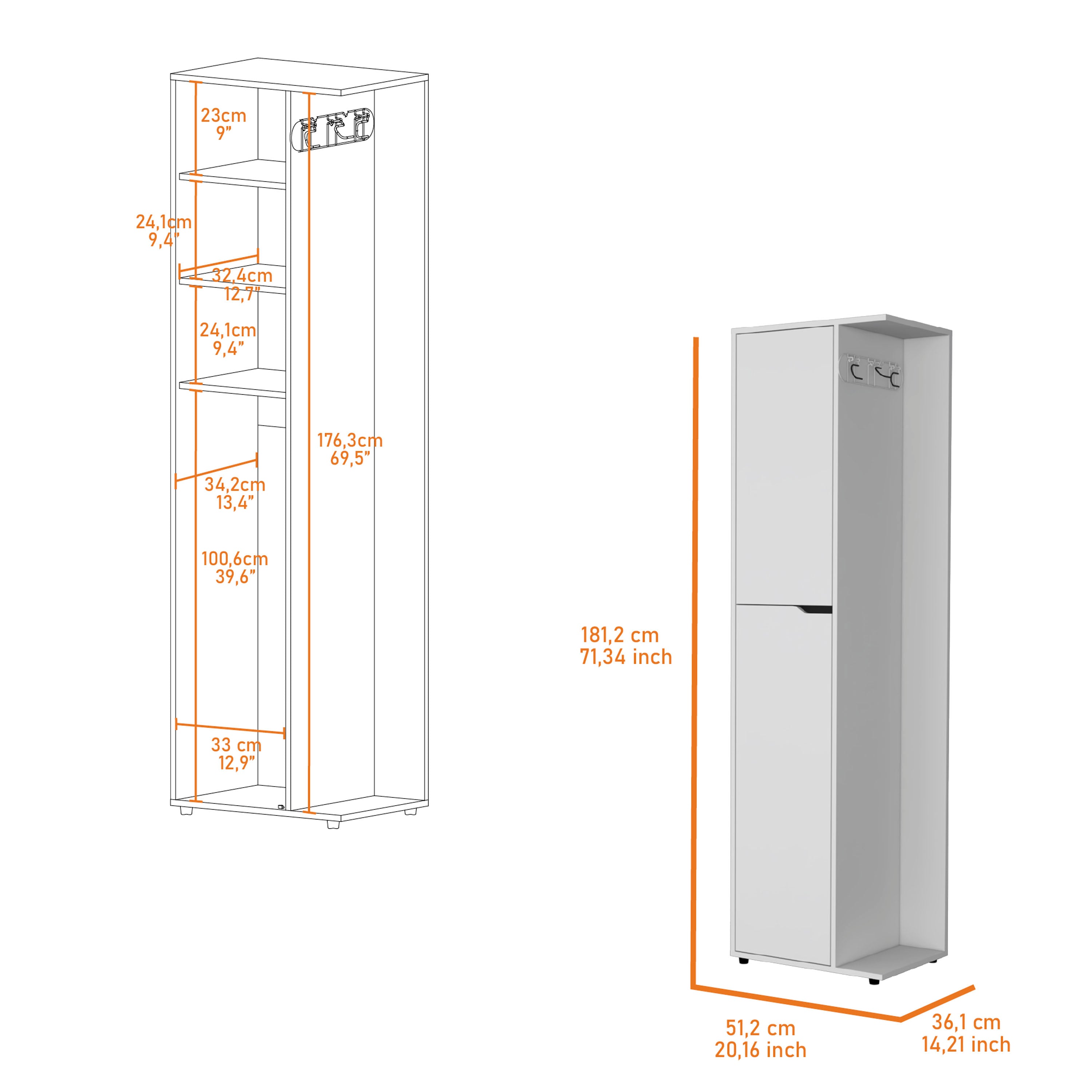 Harper Broom Cabinet With 2 Doors, 3 Shelves, And A Holder