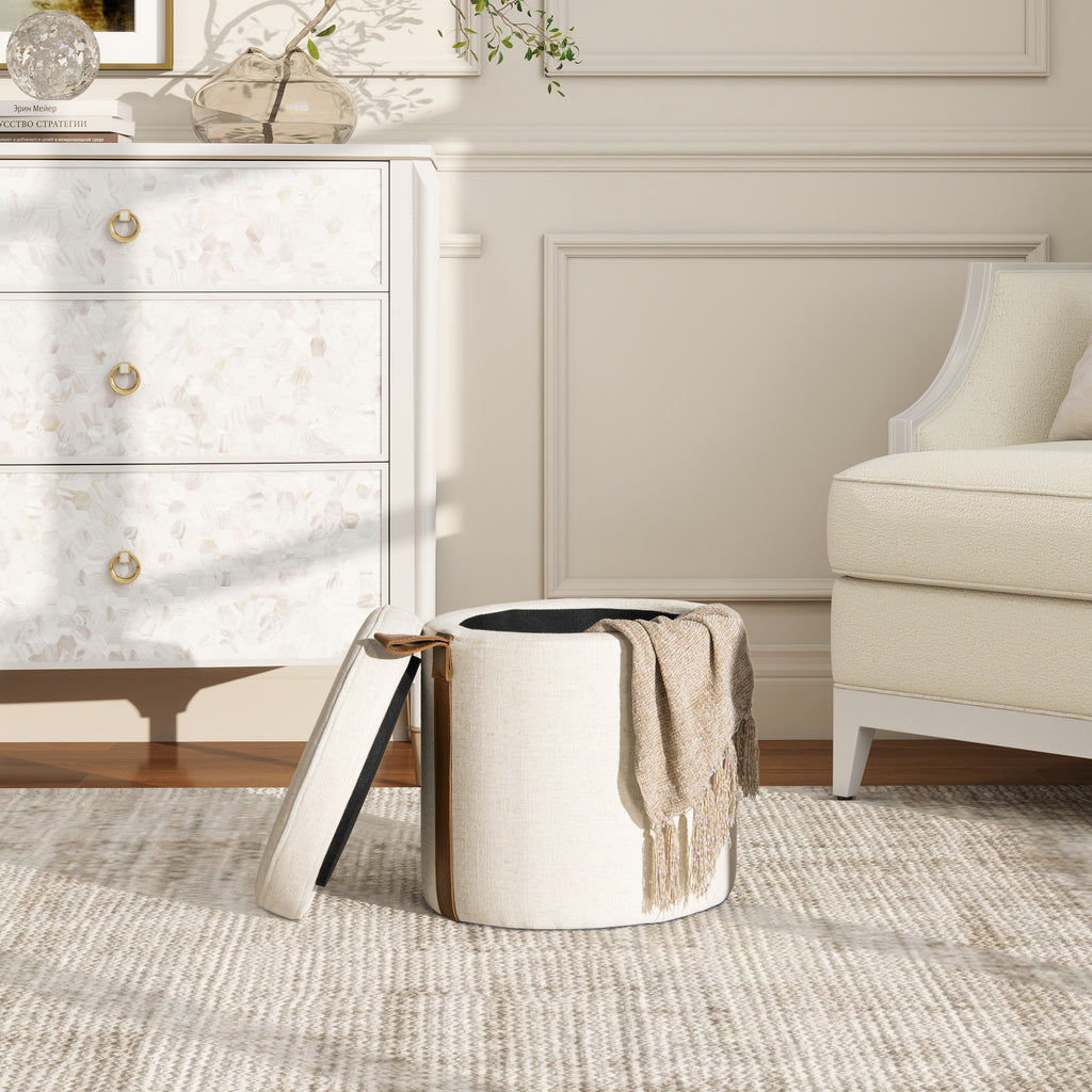 Brandy 14" Round Upholstered Storage Ottoman with Leather Accent