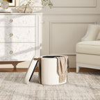 Brandy 14" Round Upholstered Storage Ottoman with Leather Accent
