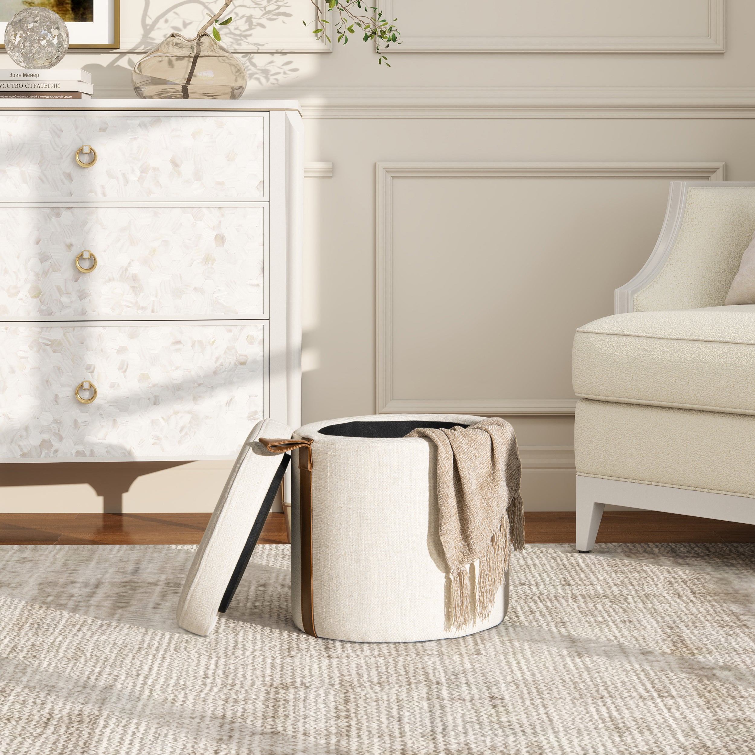 Brandy 14" Round Upholstered Storage Ottoman with Leather Accent
