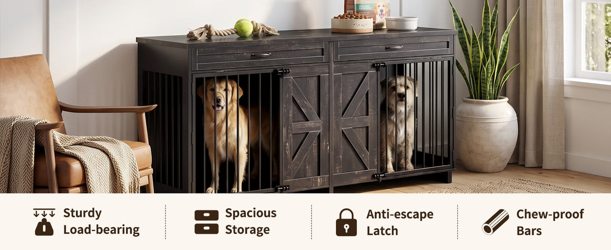 Dog Crate Furniture TV Stand - 2-in-1 Wooden Dog Kennel with Storage