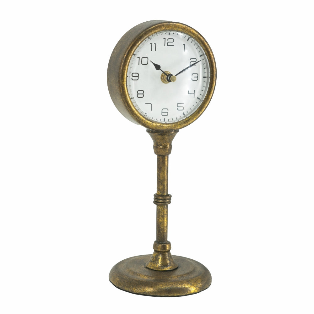 Vintage Inspired Table Clock, Gold Iron Pedestal, 11.6 Inches